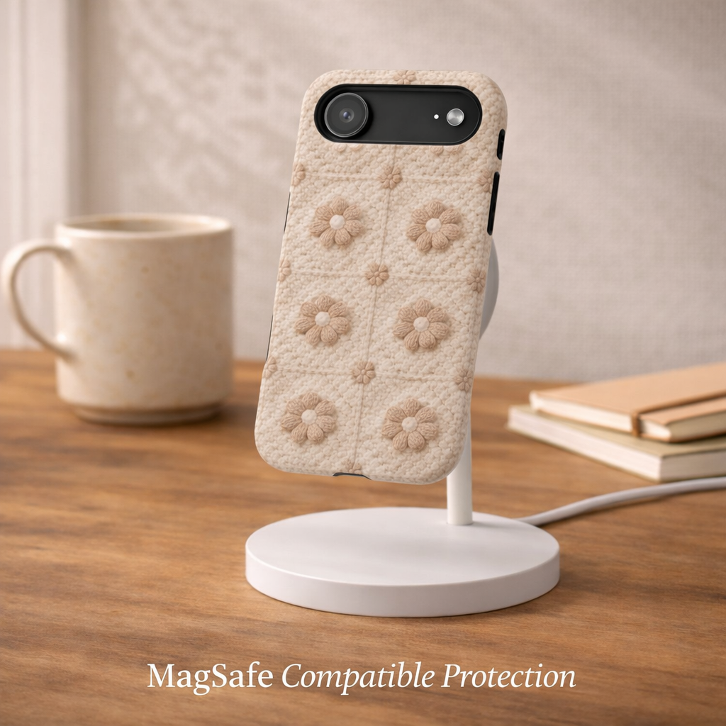 MagSafe Compatible iPhone case with floral pattern on a stand next to a mug and books on a wooden surface.