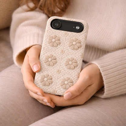 Person holding a textured phone case with floral patterns
