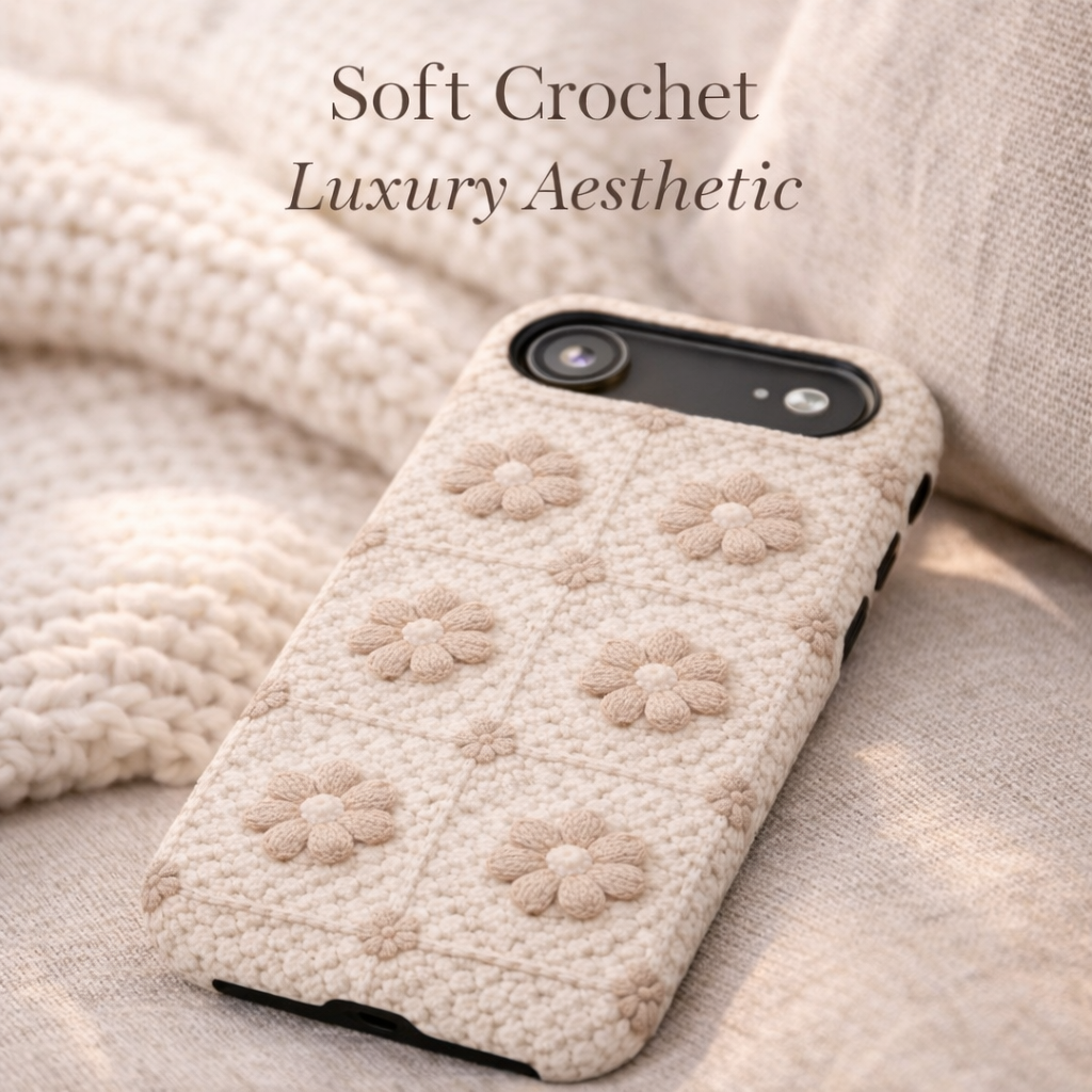 Crocheted phone case with floral patterns on a soft fabric background