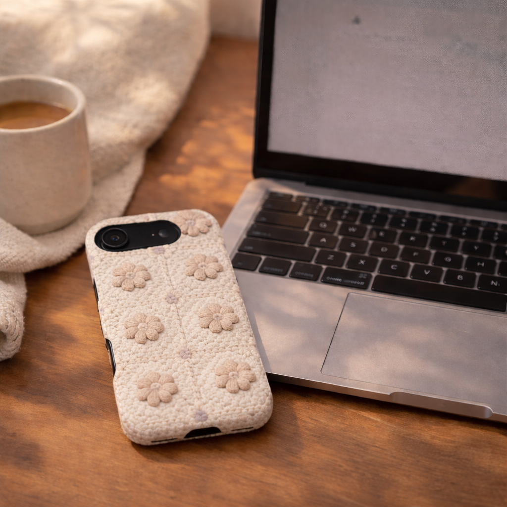 Phone with floral case next to a laptop on a wooden surface