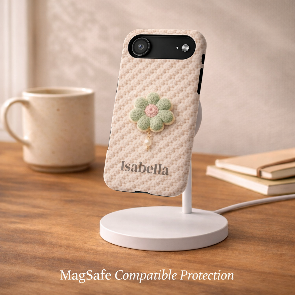 Phone case with floral design and 'Isabella' branding on a wooden surface with a mug and books.