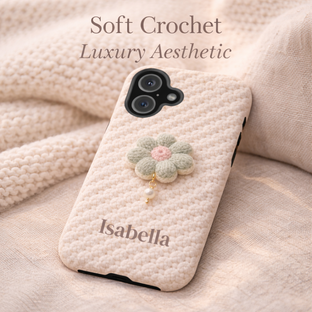 Soft crochet phone case with floral charm and 'Isabella' engraving on a textured surface.