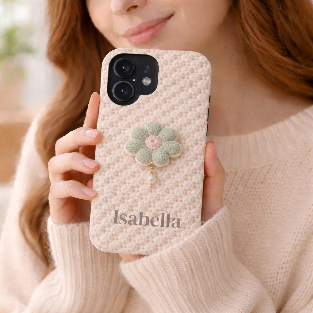 Person holding a textured phone case with a floral design and 'Isabella' branding.