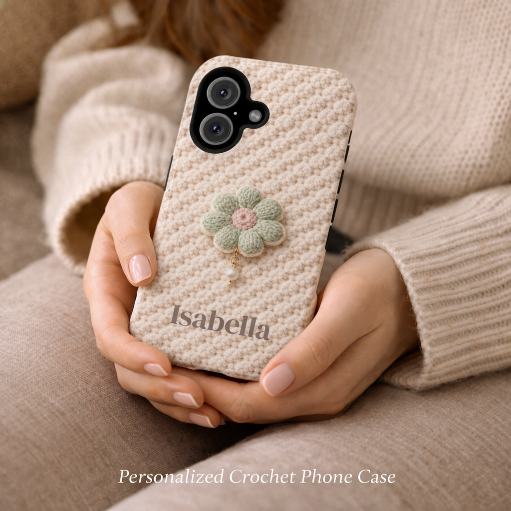 Person holding a personalized crochet phone case with a floral design and 'Isabella' branding.
