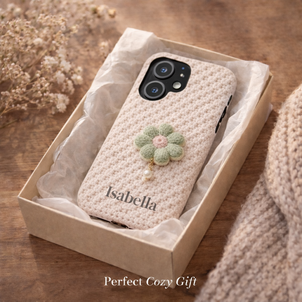 Phone case with floral design and 'Isabella' branding in a box on a wooden surface.