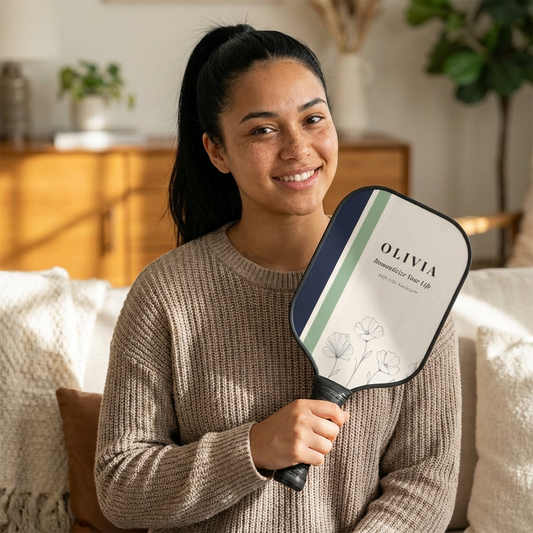 Woman holding a pickleball paddle with 'Olivia' branding in a cozy indoor setting.