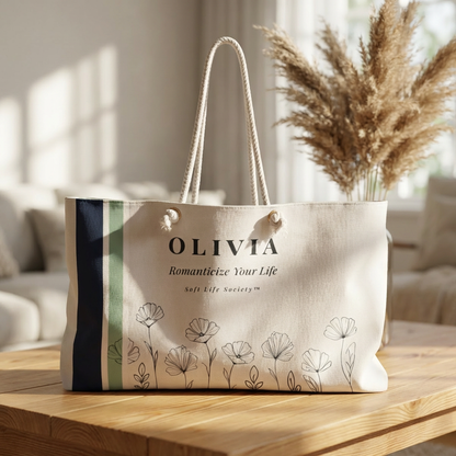 Beige tote bag with floral design and 'OLIVIA' branding on a wooden surface.