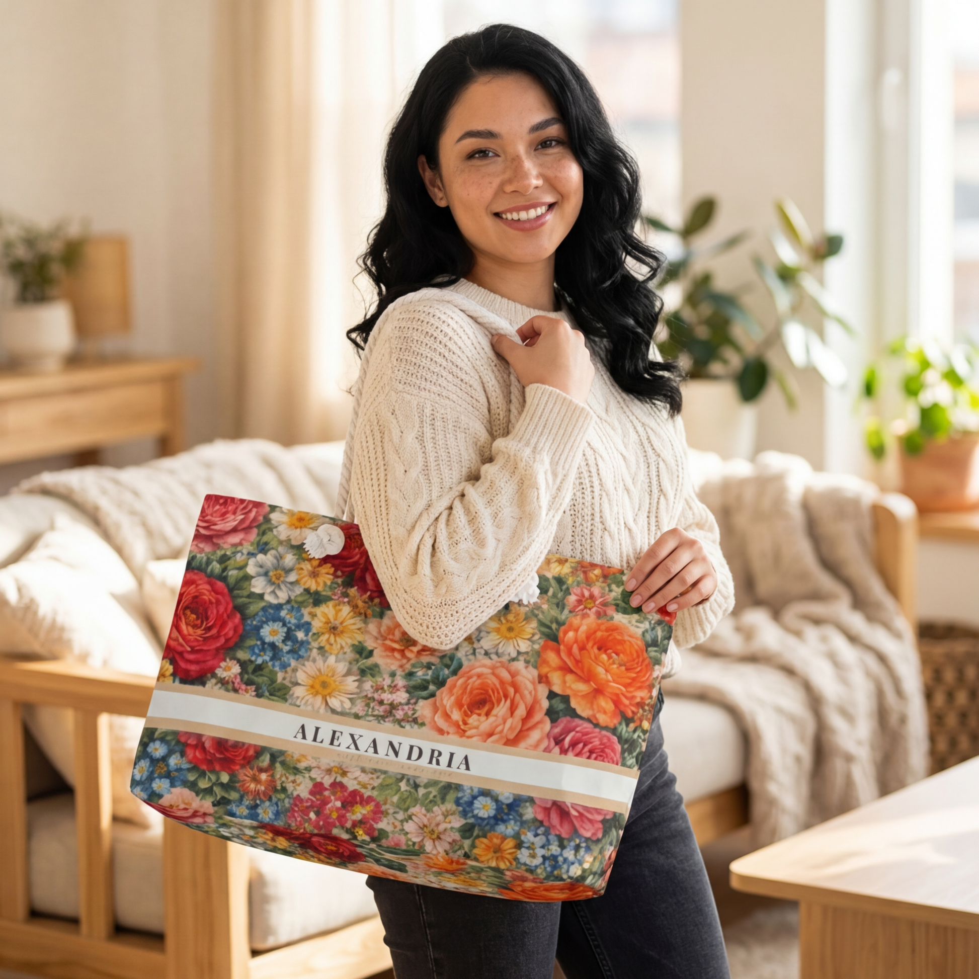 Woman holding a floral-patterned bag with 'Alexandria' branding in a cozy living room.