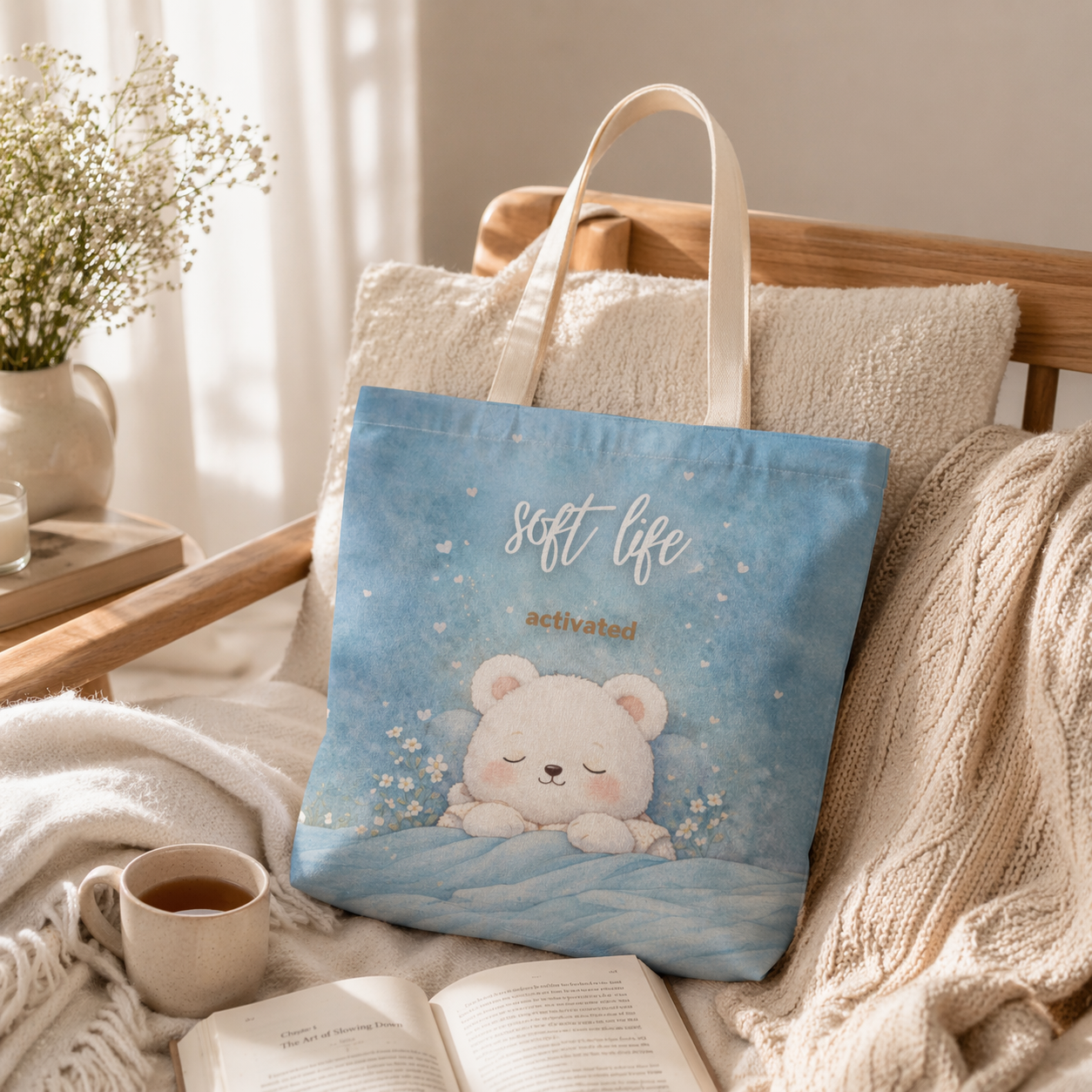 Tote bag with bear design and 'soft life activated' text on a cozy indoor setting.