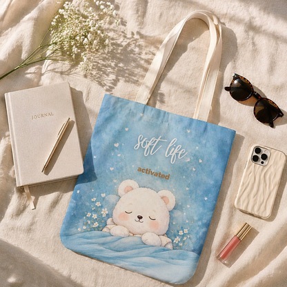 Blue tote bag with a bear design and text, placed on a light surface with a notebook, pen, phone, and sunglasses.