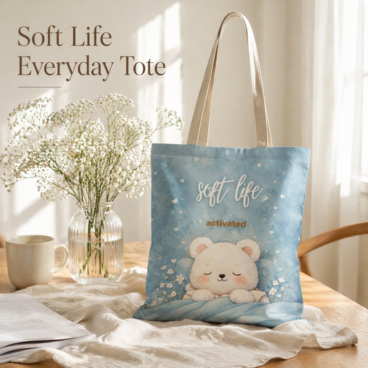 Tote bag with a bear design and 'soft life activated' text on a table with flowers and a mug.