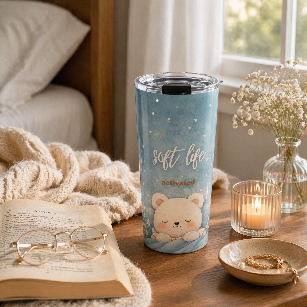 Tumbler with 'soft life activated' text on a table with a book, glasses, and candle.
