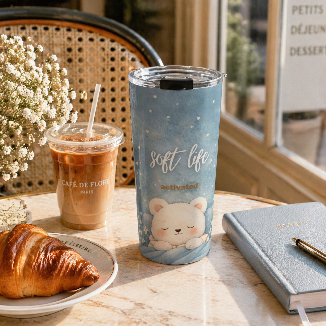 Blue tumbler with a bear design, iced coffee, croissant, and notebook on a table.
