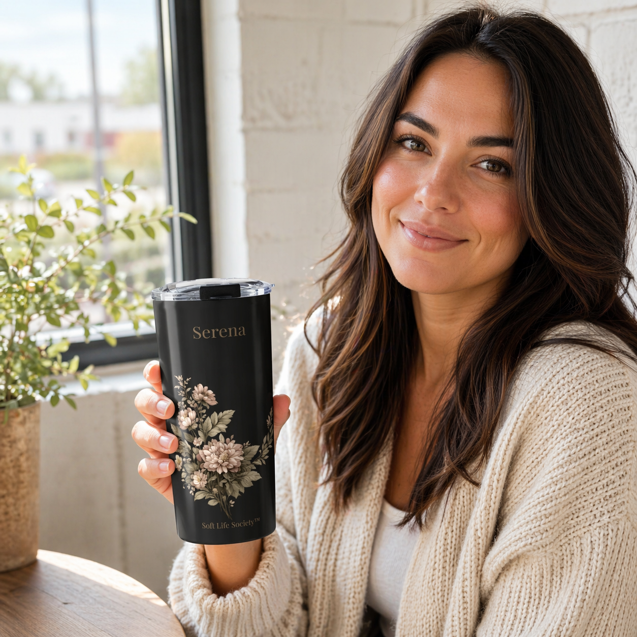 Woman holding a black mug with floral design and 'Serena' branding, sitting by a window.