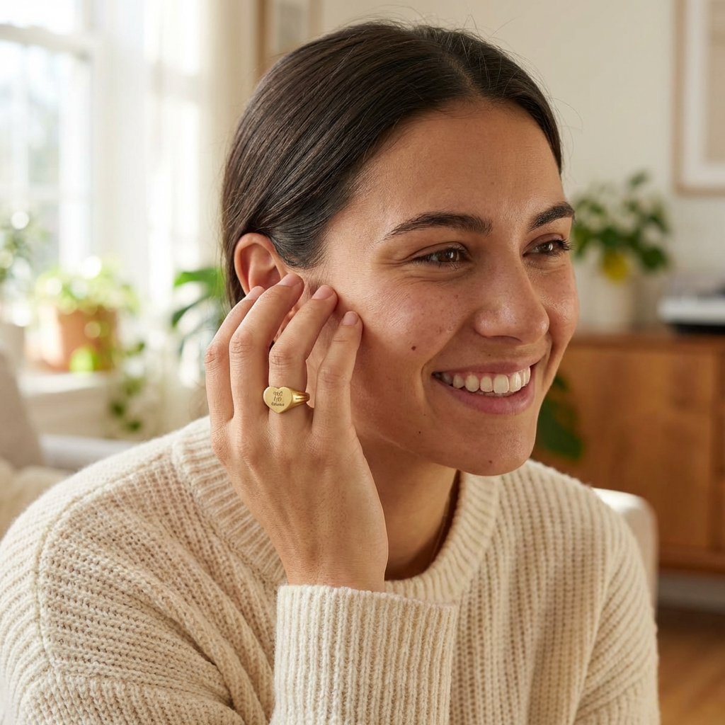 Woman wearing a gold ring with engraving 'Soft Life Mama', smiling indoors with plants in the background