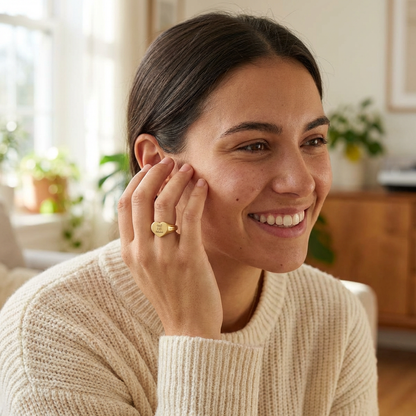 Woman wearing a gold ring with engraving 'Soft Life Mama', smiling indoors with plants in the background