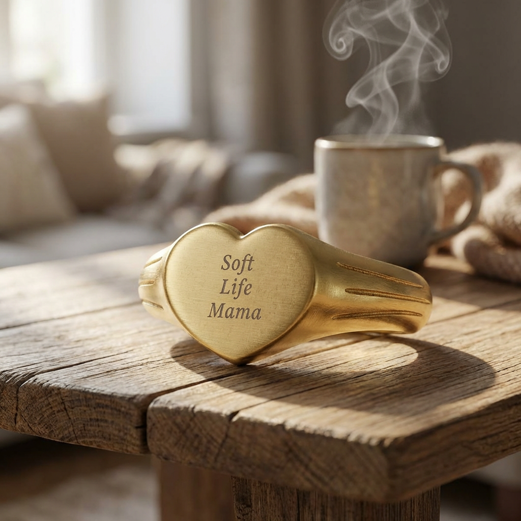 Heart-shaped gold signet ring with 'Soft Life Mama' text on a wooden surface with a steaming cup of coffee in the background.