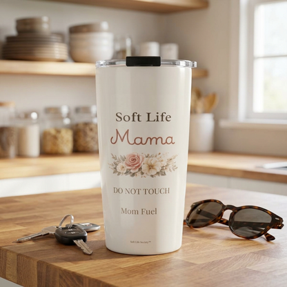 Soft Life Mama tumbler on kitchen counter with keys and sunglasses, neutral aesthetic coffee cup with floral design and “Mom Fuel” text