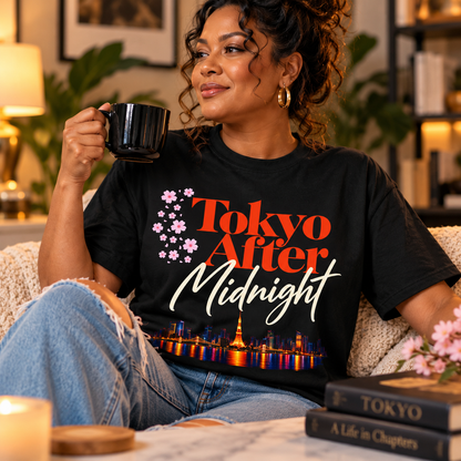Woman wearing black Tokyo After Midnight reader tee featuring cherry blossoms and Tokyo night skyline