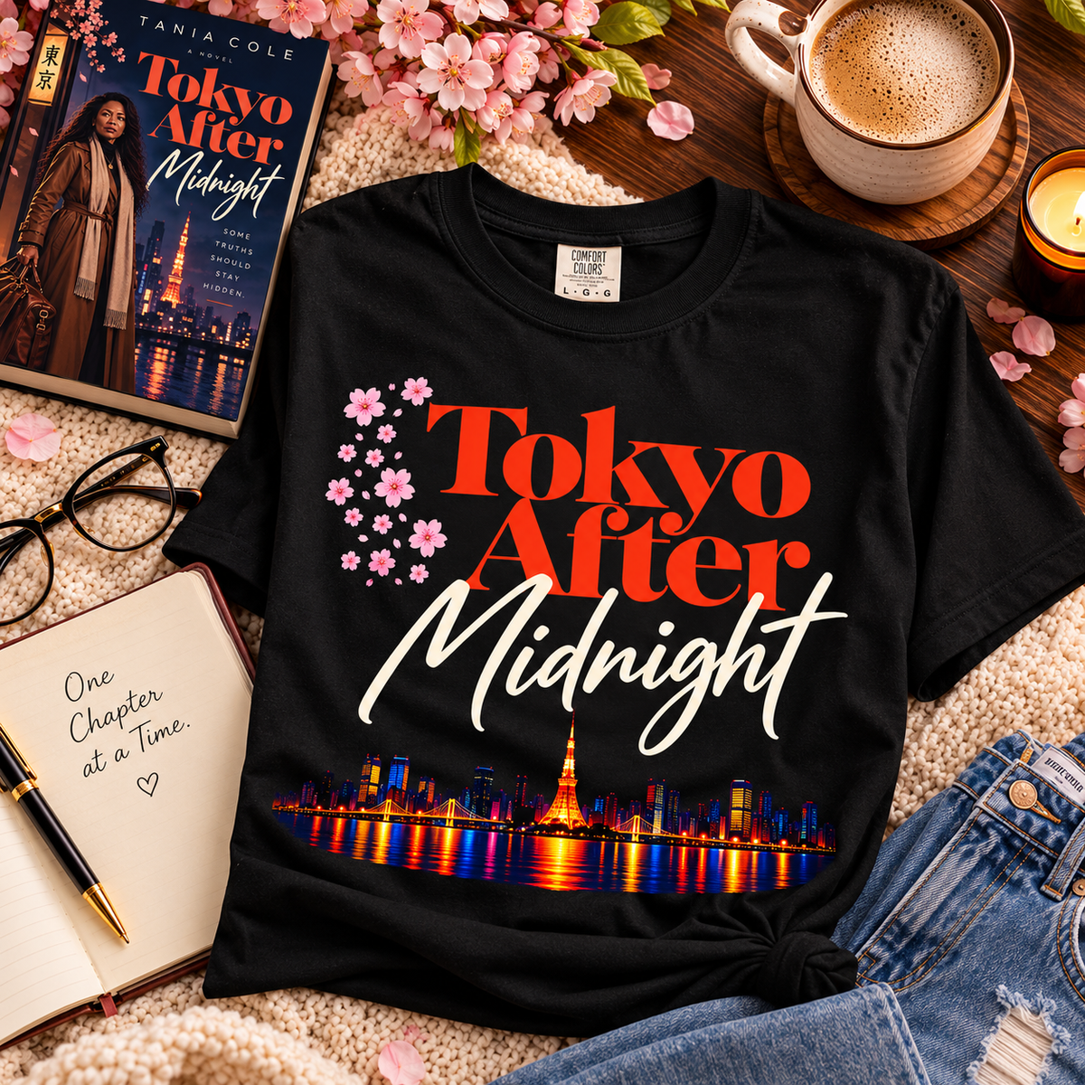 A black graphic T-shirt laid flat on a cozy styled surface with a coffee cup, book, notebook, glasses, flowers, and denim. The shirt reads 'Tokyo After Midnight' in orange and white lettering, with cherry blossoms and a colorful city skyline graphic near the bottom.