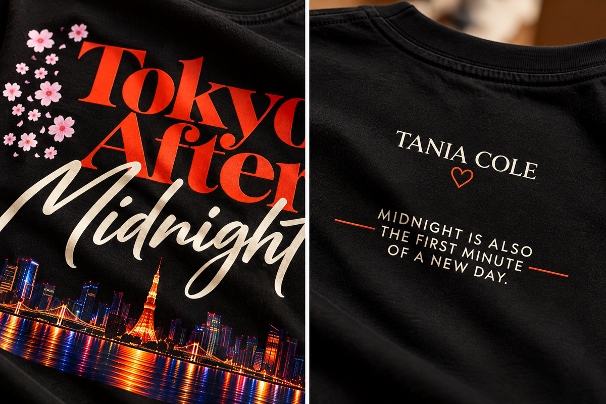 Close-up of a black graphic T-shirt showing the front and back. The front has large orange and white 'Tokyo After Midnight' text over a Tokyo skyline with pink cherry blossoms.