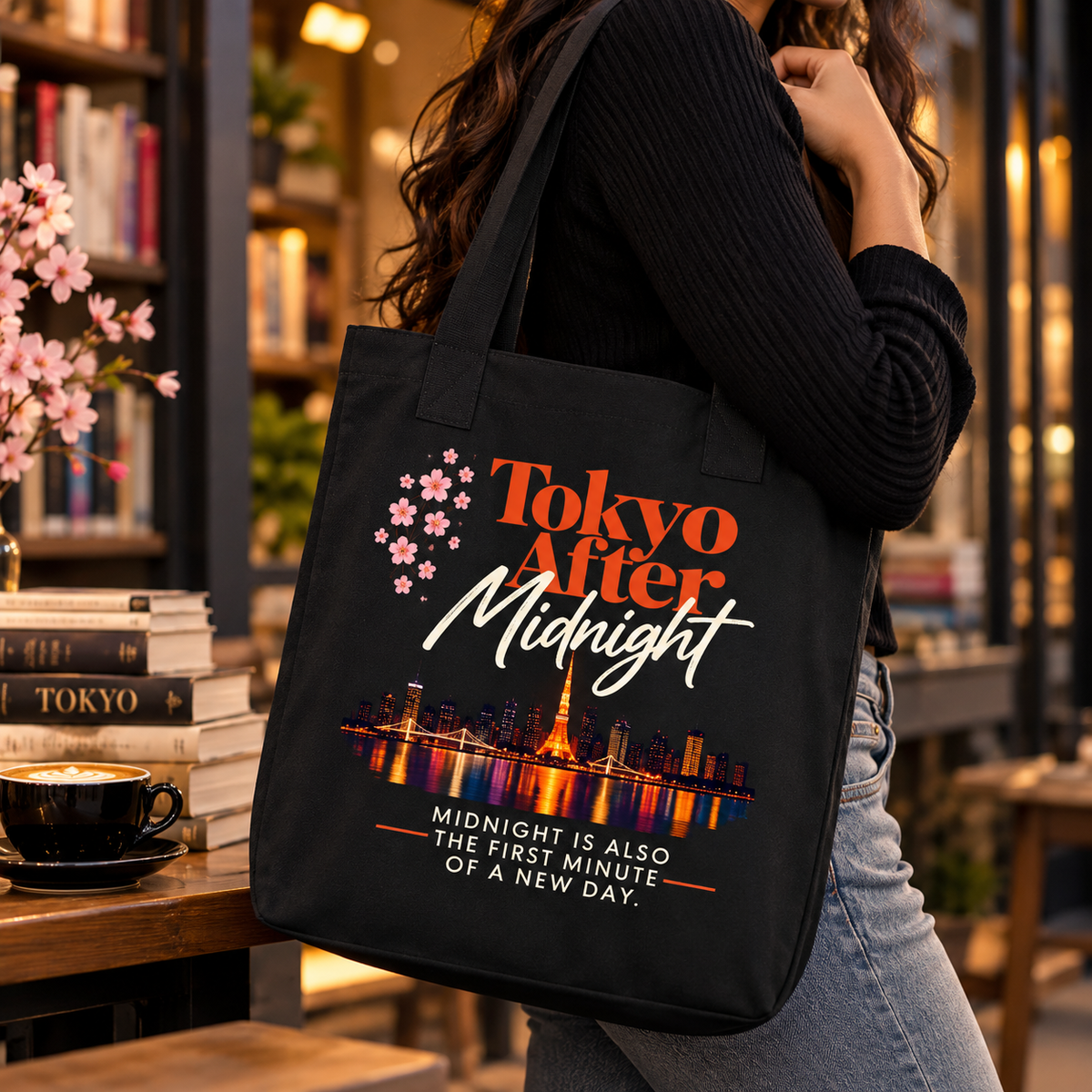 Tokyo After Midnight black tote bag worn over the shoulder, showing the title, cherry blossoms, Tokyo skyline, and reader quote design.