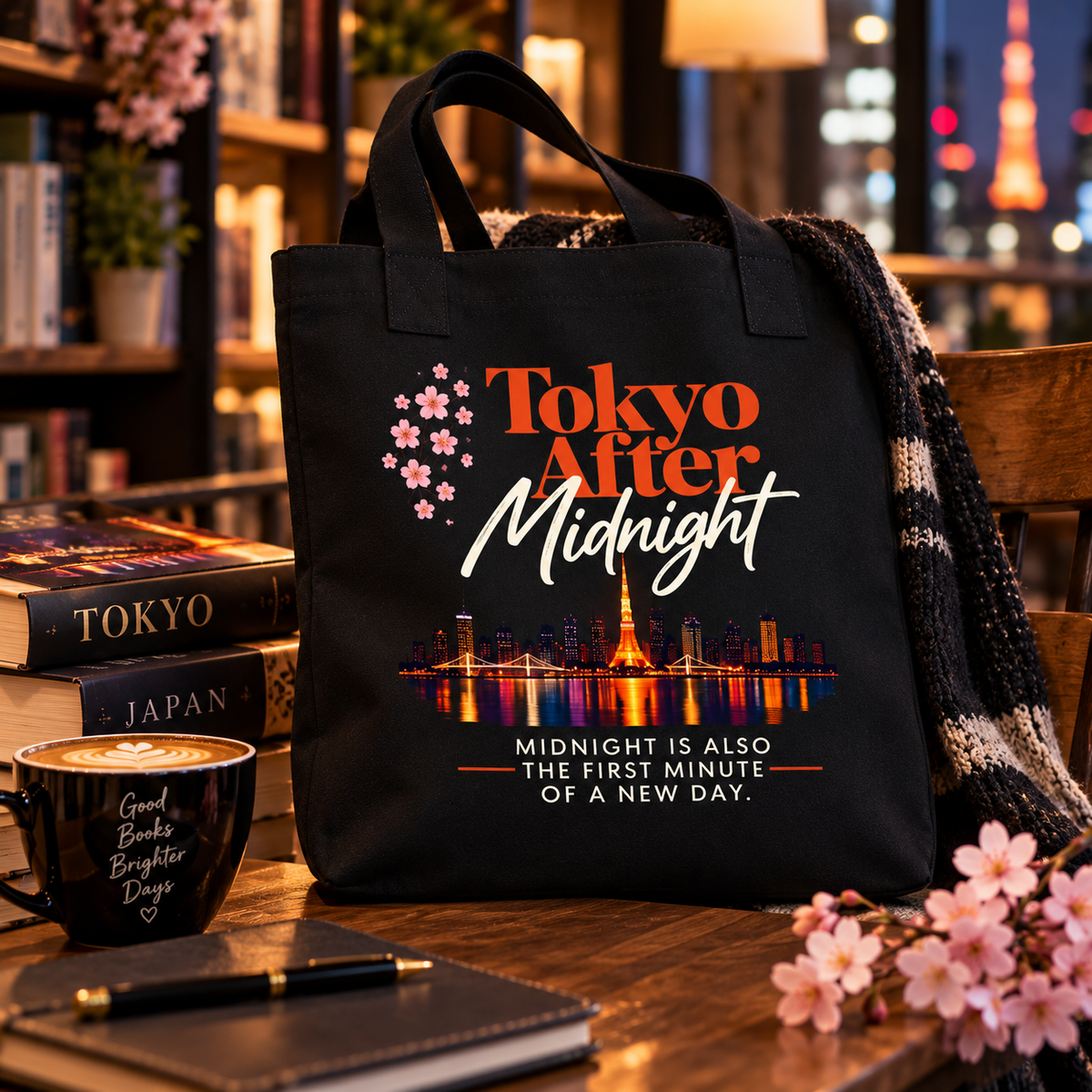 Tokyo After Midnight black organic cotton tote bag featuring title artwork, cherry blossoms, Tokyo skyline, and the quote “Midnight is also the first minute of a new day.”