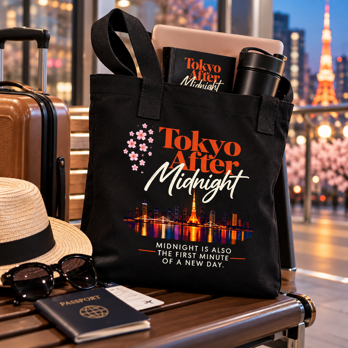 Tokyo After Midnight black reader tote displayed with books and reading accessories, featuring the Tokyo skyline and title artwork.