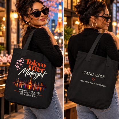 Tokyo After Midnight black tote bag shown from the front and back, featuring reader artwork on the front and Tania Cole branding on the back.
