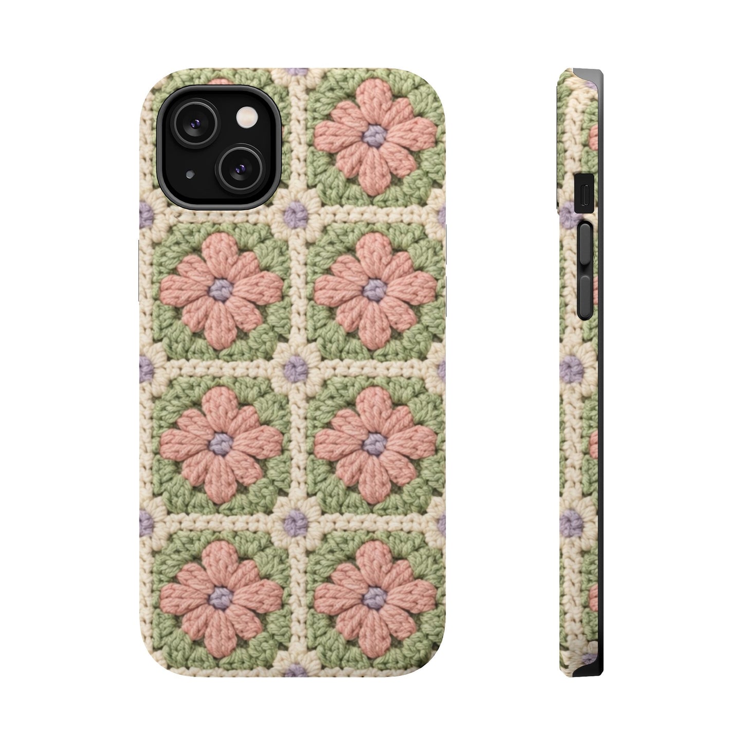 Phone case with a floral crochet pattern on a white background
