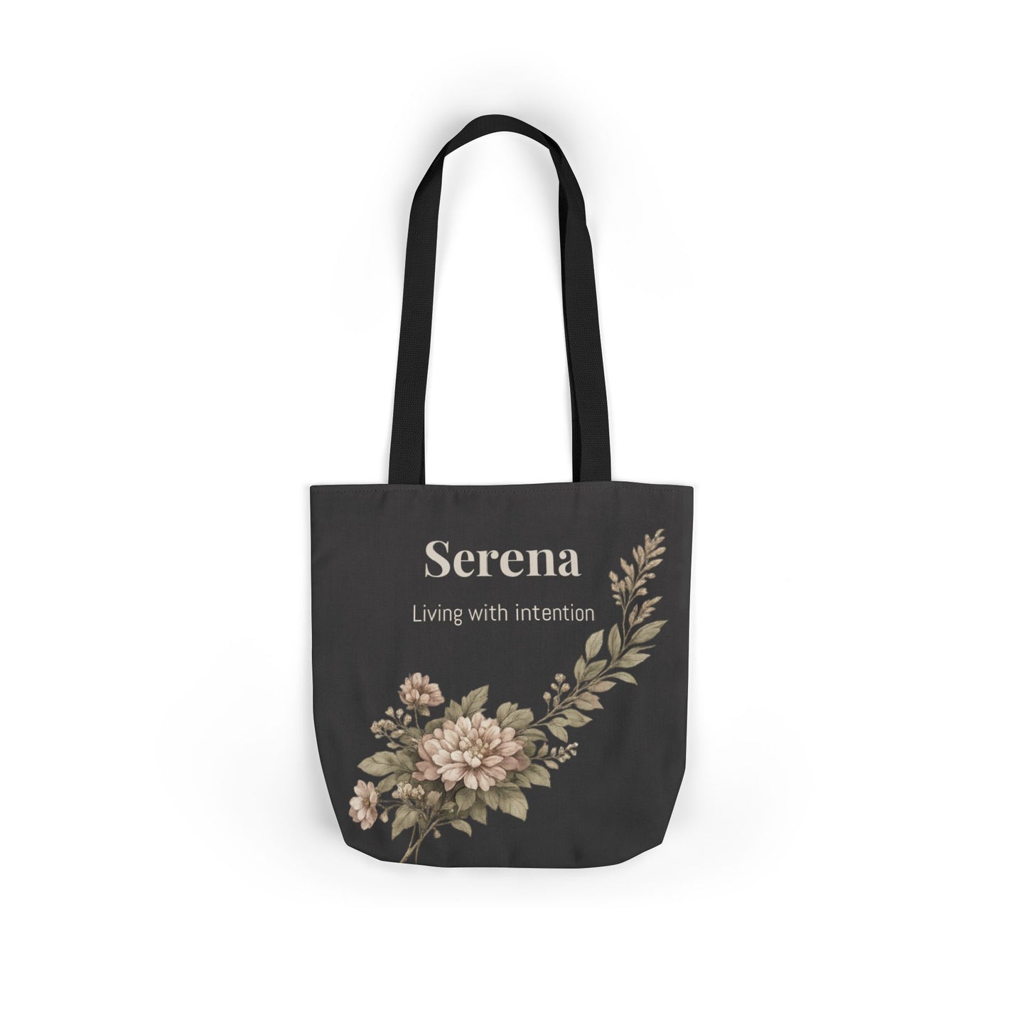 Front view black floral canvas tote bag personalized Serena neutral botanical design everyday bag