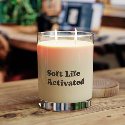 Soft Life Society Affirmation Candle with 'Soft Life Activated' text on a wooden surface