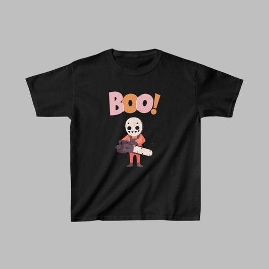 Kids Halloween Boo Chainsaw T-Shirt – Spooky Fun, featuring a playful and scary chainsaw design perfect for children’s Halloween celebrations