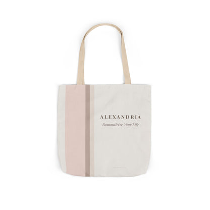 Tote bag with 'ALEXANDRIA' and 'Romanticize Your Life' text on a white background