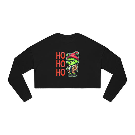 Black cropped sweatshirt featuring a festive teddy bear inspired by the Grinch, alongside 'HO HO OH' text for a cozy and playful holiday look.
