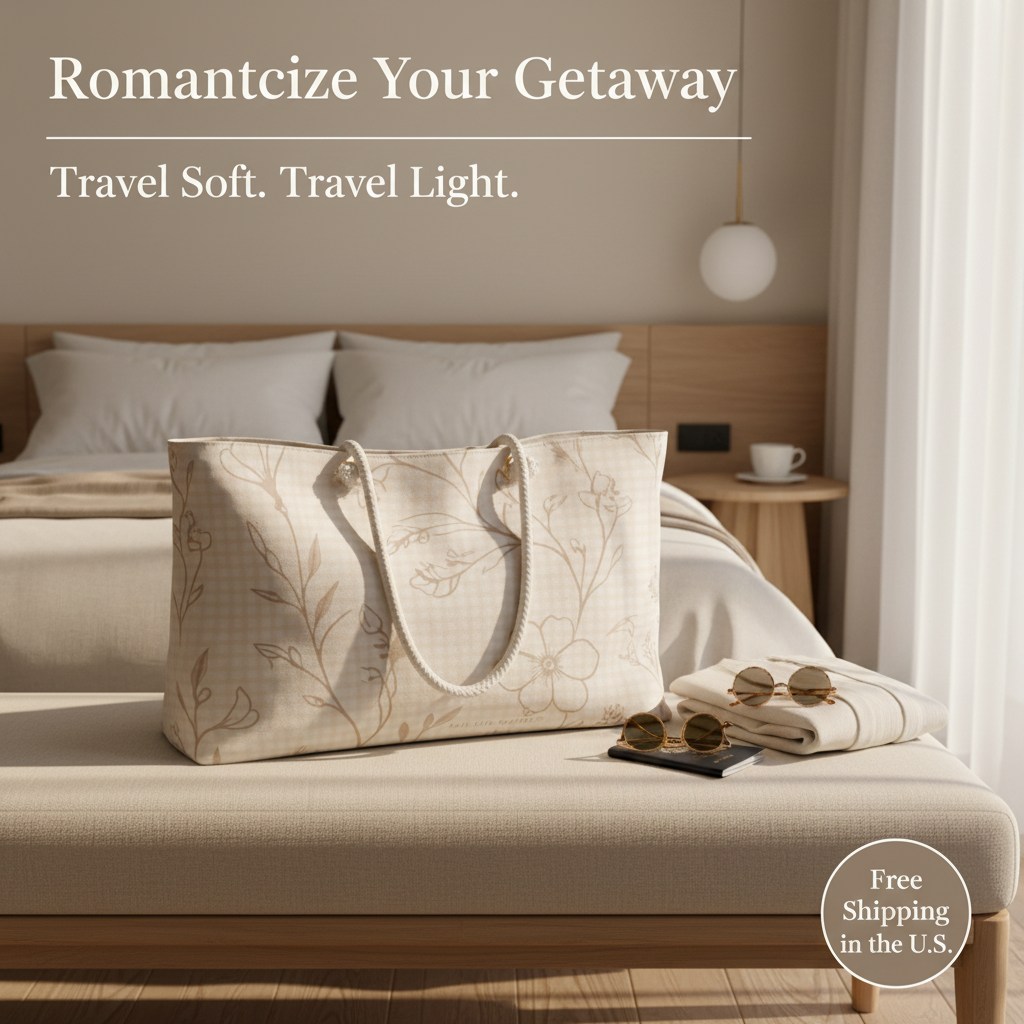 Beige tote bag on a bed with 'Romanticize Your Getaway' text and free shipping offer.