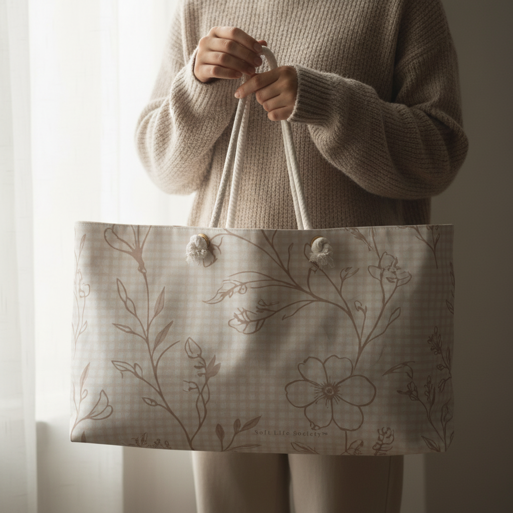 Person holding a tote bag with floral design against a neutral background