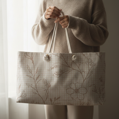 Person holding a tote bag with floral design against a neutral background
