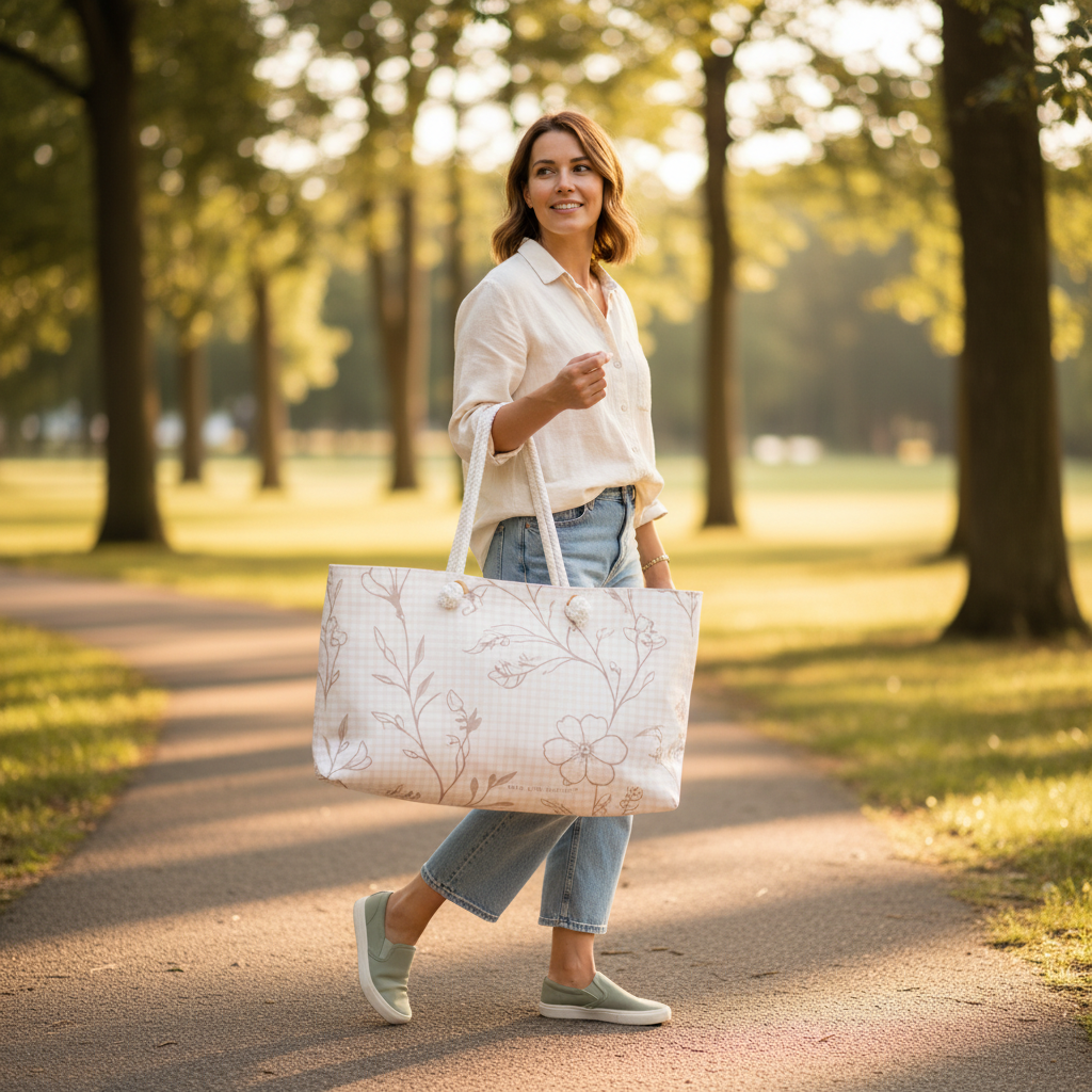 Woman walking in a park holding a large tote bag