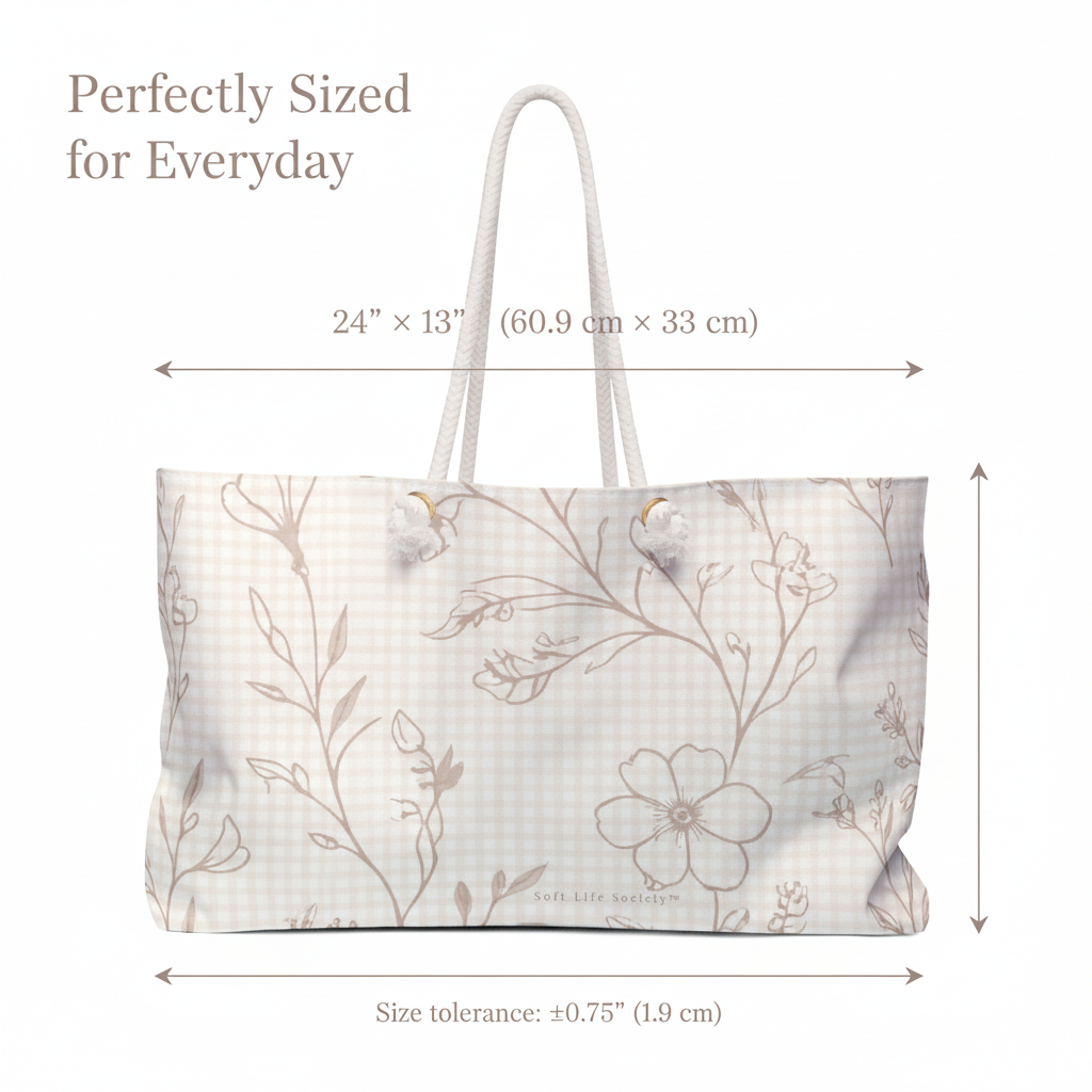 Floral-patterned tote bag with measurements on a white background