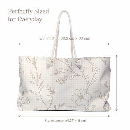 Floral-patterned tote bag with measurements on a white background