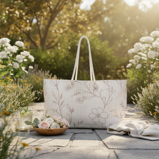 Floral-patterned tote bag on a stone surface with flowers and a glass in the background