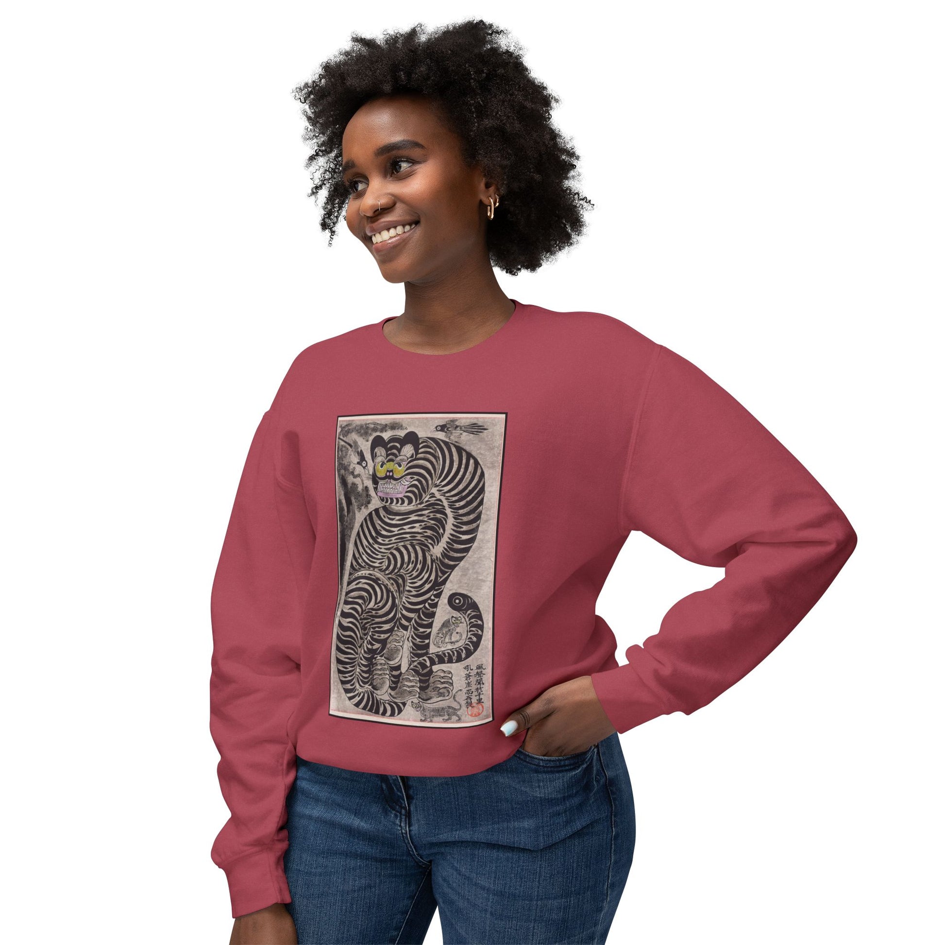Talismanic Tiger Sweatshirt featuring vintage Japanese art, unisex crewneck with a bold tiger design.