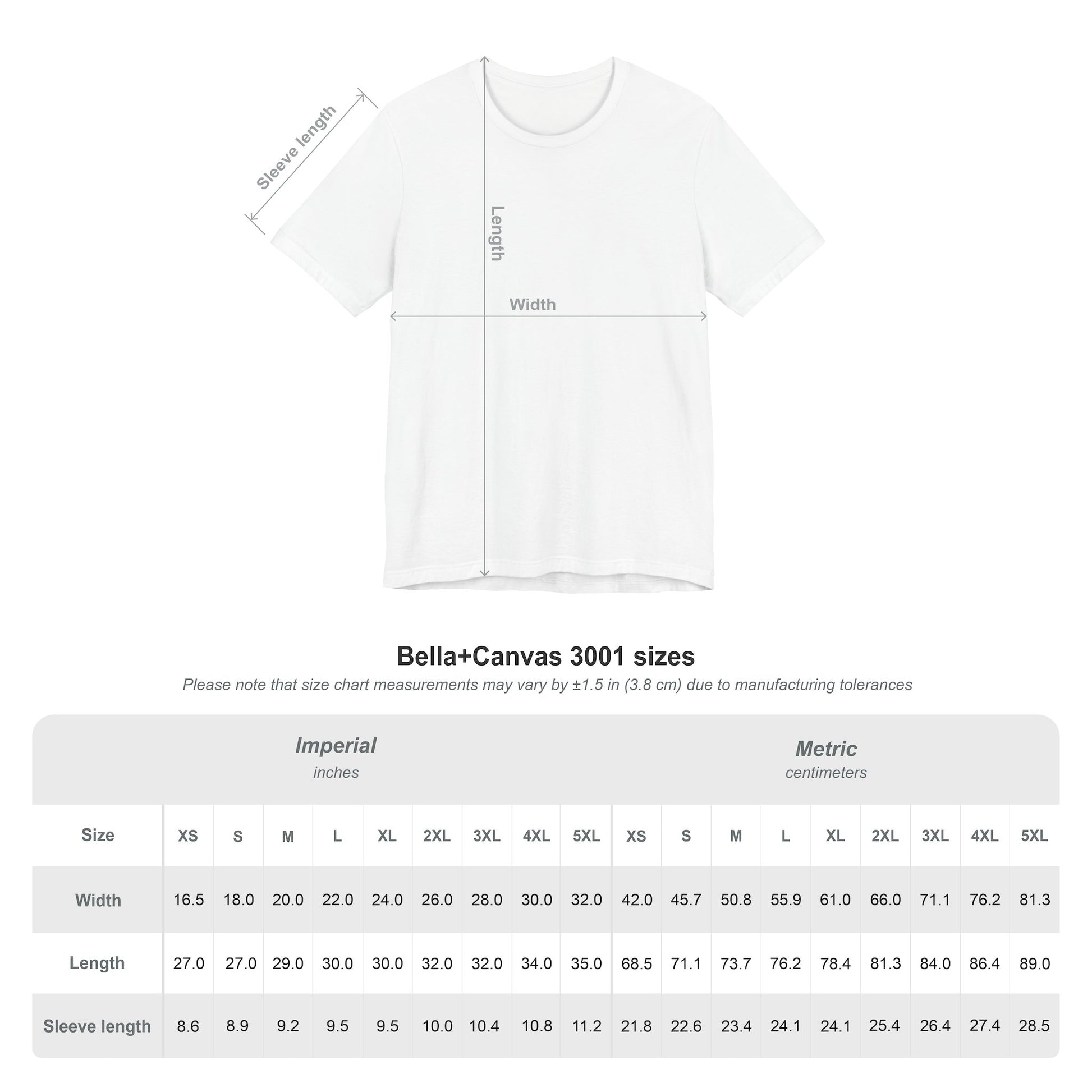 Bella Canvas 3001 size chart unisex t-shirt sizing guide measurements