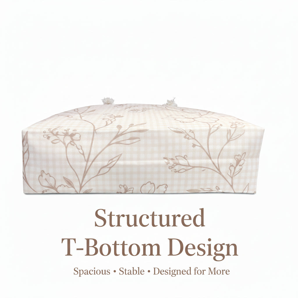 White floral-patterned T-bottom design on a white background