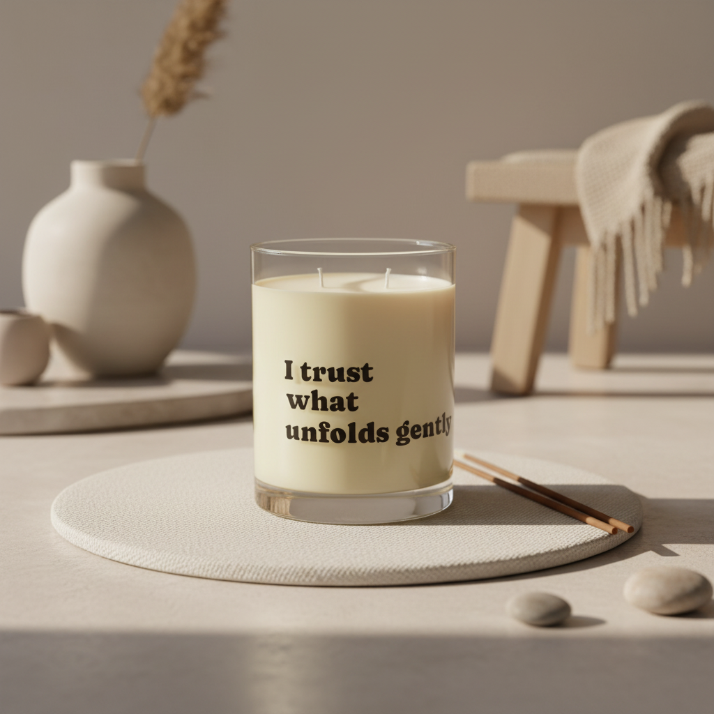 Soft Life Society Affirmation Candle with text 'I trust what unfolds gently' on a table with decorative items.