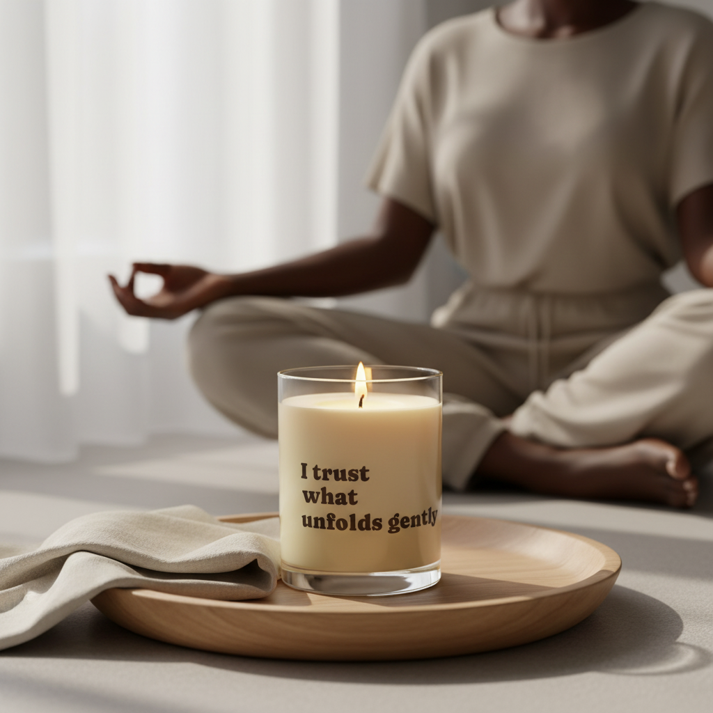 Person meditating with a candle labeled 'I trust what unfolds gently' on a wooden tray.