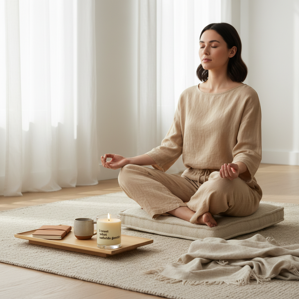 Woman meditating in a serene room with a Soft Life Society Affirmation Candle with a message 'I trust what unfolds gently' and books on a tray.