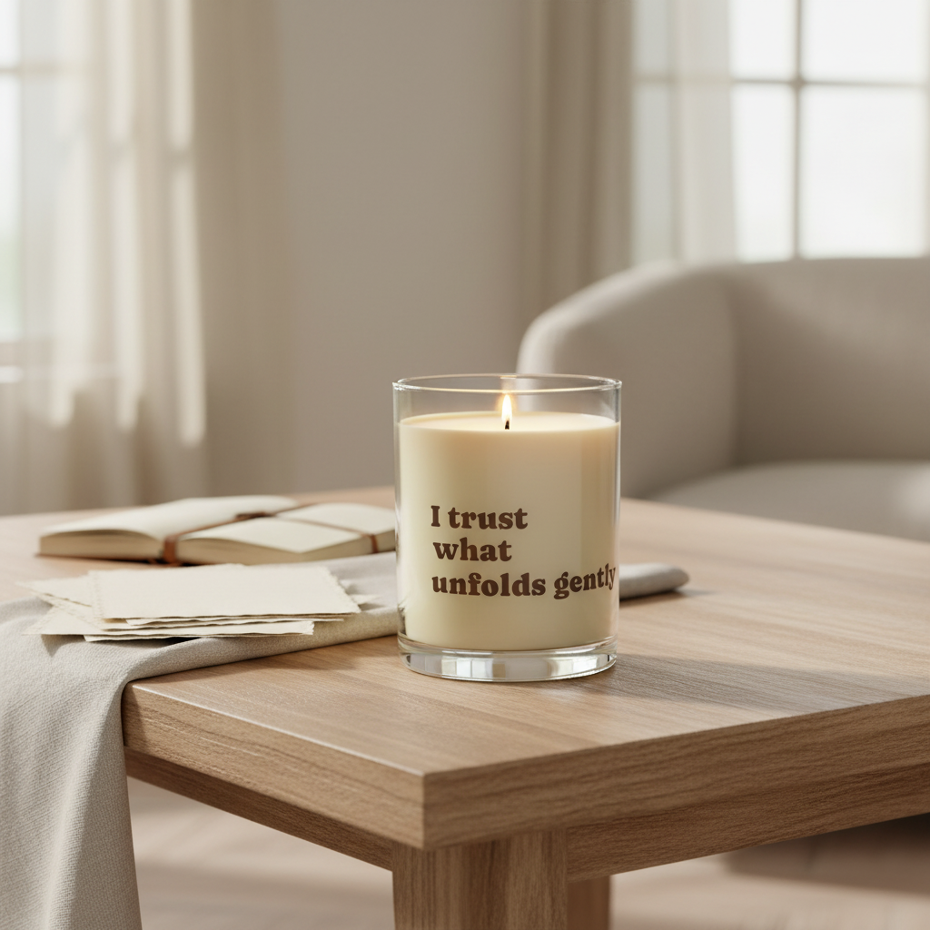 Soft Life Society Affirmation Candle with a message 'I trust what unfolds gently' on a wooden table in a softly lit room