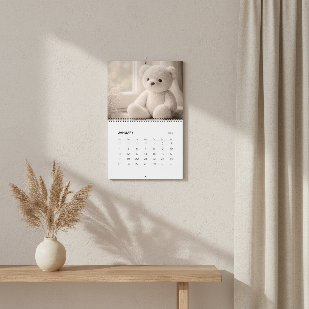 Calendar with a teddy bear design on a wall next to a wooden table with a vase and plant.